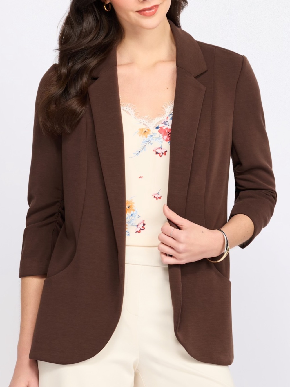 Montgomery Post Ruched Brown Open Front Blazer Small